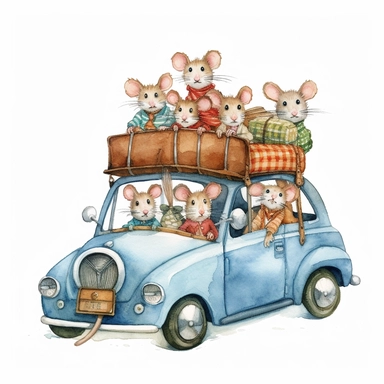 a father mouse driving a car with family going on vacation, detailed, hd, watercolor, clipart, white background