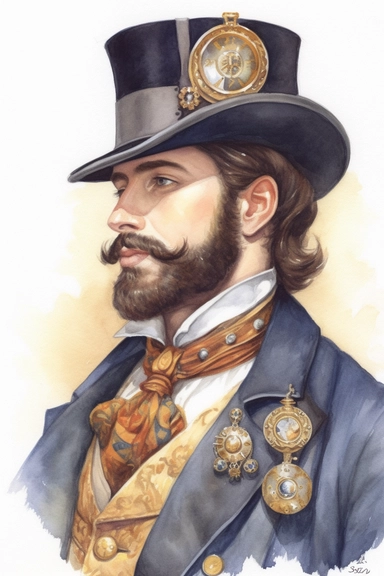 a realistic watercolor forward-facing portrait painting, of a very handsome, vintage steampunk man, with brunette hair, and a beard, ultra-realistic skin, sweaty skin, blushed cheeks, ultra-realistic shiny hair, wearing a top hat with cogs, pocket watch, and roses, in the style of white, and bright shiny gold, on a white background, multi-layered shading, depth of shading, charming character illustrations, UHD, sketchfab, colorful costumes, detailed features, perfectly formed, glistening, wires,