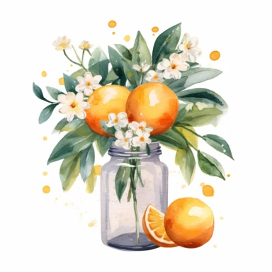 Create a watercolor oranges clipart with glass nd bouquets