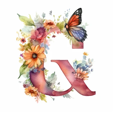 letter Q, decorated with wildflower, subtle butterflies, fine details, soft pastel watercolors, clipart