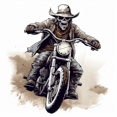 skull headed motorcyclist on a harley looking like a old western cowboy white background clipart c 100