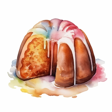 watercolour bundt cake, clipart on white background, no watermark, highly detailed, professional color gradation, clean sharpness