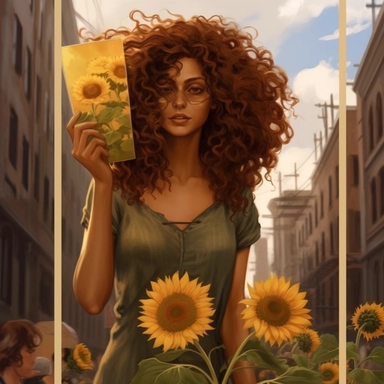 6 of wands tarot card, woman holding 6 sunflowers, liberty scale , year 2035, beautiful curly hair, busy street , realistic, fantasy clip art