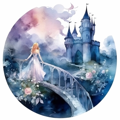 light watercolor wild castle and beauty girl in the moonlight in beautiful forest with bridges, roses, flowers,and lights realistic clipart on white background