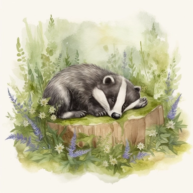 Watercolor clipart of a charming woodland badger, its black-and-white striped face and grey body distinctly portrayed, snoozing contentedly in a soft bed of moss, environment featuring delicate ferns and bluebell flowers, an atmosphere of comforting serenity and the cool calm of an early summer morning, Illustration, digital watercolor using a textured brush for a hand-painted effect,