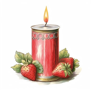 vintage style strawberry scented candle clipart, strawberry scented candle, strawberries, vibrant colors, 1960, vintage, watercolor, realistic drawing in storybook illustration, pencil drawing by Angela Barrett, Elsa Beskow, ultrafine detailed, highly detailed, high resolution, 8K, white background