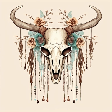 a clipart image of a boho bull skull with feathers hanging from it by strings in the style of vintage color and ink
