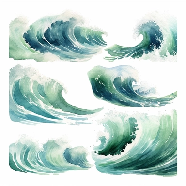 beautiful watercolor blue green ocean waves clipart on white background