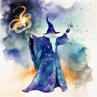 merlin the magician casting a spell with his right hand holding a wand with a small star on its end, surrounded in a cloudy fantasy motif of energy watercolor clipart