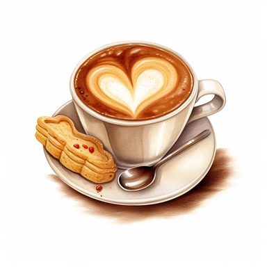 Isometric illumination of commercial shot of ultra - realistic watercolor painting of a really delicious coffee with a biscuit, cappucino art heart clipart, good looking food, delicious, yummy, foodie, healthy, white background no text, isolated on white, watercolor illustration, award winning, strong and sharp lines, upscale