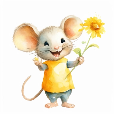 one happy mouse holding a yellow flower Watercolor clipart on a white background, in the style of 32k uhd, mural painting, aurorapunk, delicate shading, wimmelbilder, lit kid, oshare kei, no watermark, text, words, paintbrush, 300 DPI , typography, the images do not stick together, no text in the picture