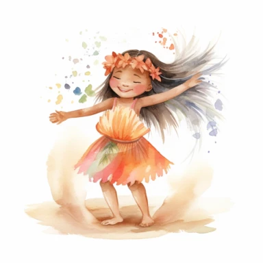 watercolour, adorable little hula dancer, she is 4 years old, dancing and playing a Hawaiian looking little drum, clipart