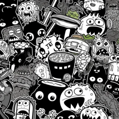 a set of black line clipart inspired by ramen and mutants and killer puppets and Funko Pop toys