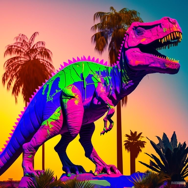 Dinosaur clipart Featuring Bright and vibrant colors like neon green, electric blue, and hot pink set against lush greenery and palm trees. The mood is playful and energetic, with dinosaurs lounging in the sun or splashing in the water. Photo realistic ar 5:7 q 2