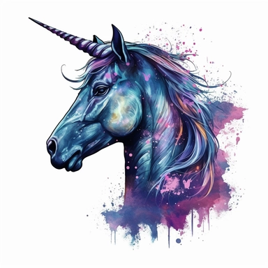 T-shirt vector, mystical, Moody watercolor unicorn clipart with deep shades of purple and blue, elegant atmosphere, serene mood, candlelight casting shadows - Watercolor vector, illustration, synthwave, vivid colors, detailed, design, pixar, colorful, white background