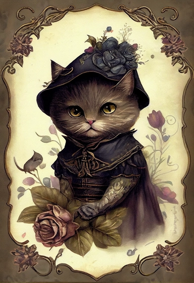 an adorable victorian cat style by [Rebecca Latham + Sarah Stribbling + sumi-e + nicoletta ceccoli], Easter theme, epic scene, dark dark academia watercolor vintage CLIPART, illustration, hyper realistic, intricate detail clipart, watercolor, painterly, Jean-Baptiste Monge, drawing on top of old grunge beautiful scrapbooking background paper, old paper texture, decoupage printable digital background, distressed borders, vintage borders, grunge borders, shabby borders