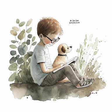 a dog sitting next to a young boy reading a book, watercolor and ink drawing, clipart, happy, gentle smile, beautiful watercolor ink wash coloring, thick pencil lines, Jon klassen, Adrian tomine, popular on etsy, watercolor illustrations clipart, watercolor illlustrations for kids and children, book illustrations, plain white background
