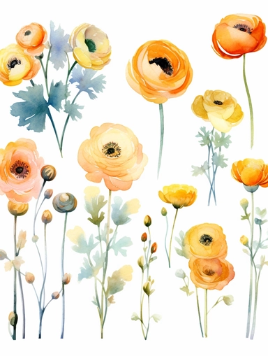watercolor clipart set with white background, cute ranunculus flowers, adorable, flat design, clearly defined with separated images, high quality