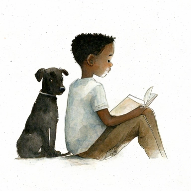 a dog sitting next to a young dark-skinned boy reading a book, watercolor and ink drawing, clipart, happy, gentle smile, beautiful watercolor ink wash coloring, thick pencil lines, Jon klassen, Adrian tomine, popular on etsy, watercolor illustrations clipart, watercolor illlustrations for kids and children, book illustrations, plain white background