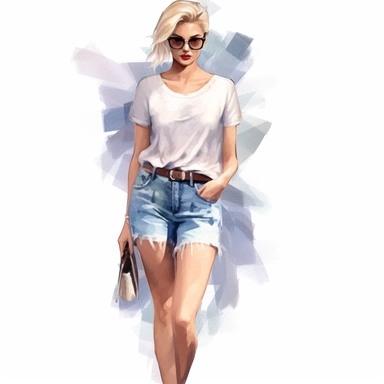 glamour model posing, short blonde hair ripped jean skirt, full length, watercolour style, fine details, 8k clipart png transparent