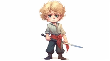 A boy, angry, holding a sword: 2, legs, shoes, standing, curly hair, blond hair, 5 years old, watercolor clipart, full illustration, 4k, sharp focus, watercolor, smooth soft skin, symmetry, soft lighting, detailed face, concept art, watercolor style, strybk, kids style fairytale, chibi kawaii,. Octane rendering, 3d, perfect face, detailed face, delicate face, perfect sharp lips, detailed eyes. Craig Davison, Aubrey Beardsley, Conrad Roset, Aikut Aidogdu, Agnes Cecil, watercolor style