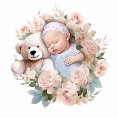 watercolor clip art illustration, newborn baby floral decoration with white pastel pink rose, full body, sleeping with poodle bear, aerial view, white background
