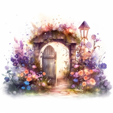 clipart, A charming blur fairy farm gate nestled amidst flowers, with twinkling lights and an inviting entrance, isolated on a white background with a wide margin.