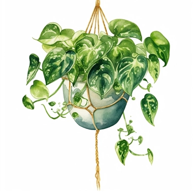 A captivating watercolor clipart image featuring a lush Pothos plant in a hanging planter. The artwork showcases a vibrant Pothos with its trailing vines and heart-shaped leaves gracefully cascading from a stylish planter. The watercolor technique adds a touch of softness and depth to the illustration, capturing the plant's natural beauty. The combination of vibrant green foliage and earthy planter creates a harmonious composition that radiates freshness and elegance. This captivating clipart is