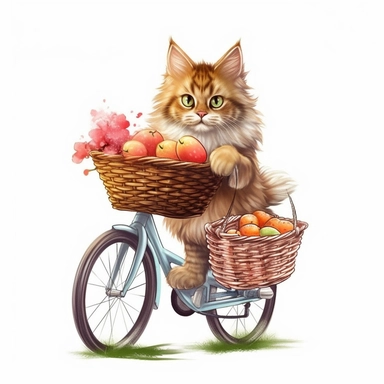 Create a clipart of a Maine Coon kitten riding a bicycle with a basket full of picnic food, ready for a day in the park. Low detail. White background, soft lighting. In the style of Bob Ross