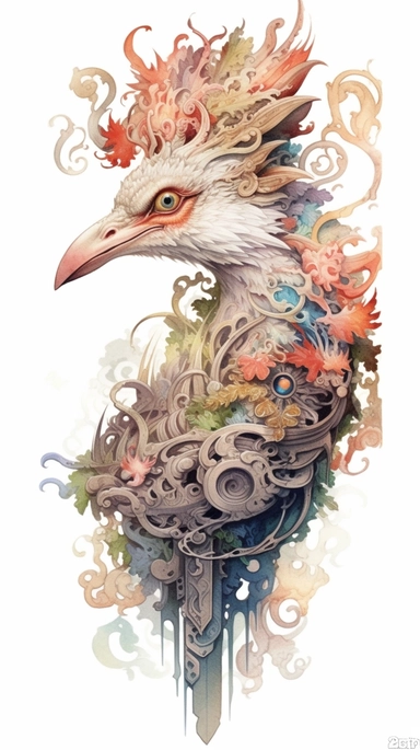 Bird-Body Chinese Dragon-Head Deity,Mysterious Forest, Chinese style,watercolor clipart, high quality,high detail,32K