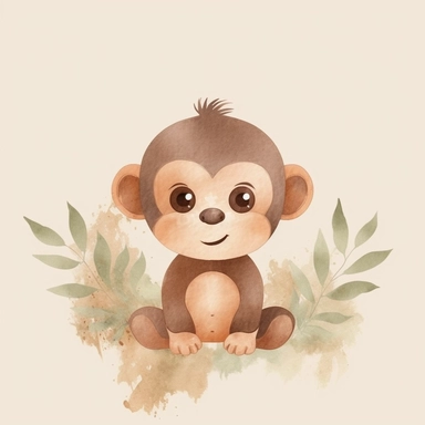 The clipart features a 4K quality illustration with a dreamy and calm atmosphere. The background is a simple, minimalist, and uniform color, creating a clean and soothing backdrop. The clipart depicts a small cute baby monkey, portrayed as an irresistibly adorable little creature, with simple watercolor brushstrokes capturing its playful and endearing nature. The cute baby monkey is illustrated in a childlike style, with soft fur, big round eyes, and a curious expression. Its eyes are filled wit