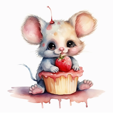 cute mouse sitting down eating a cup cake, clipart, water colour hd