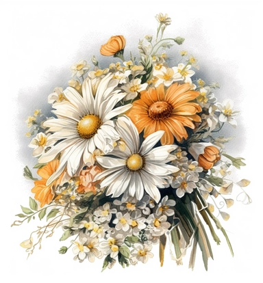 DESIGN A MAGNIFICENT AND EXQUISITE BREATHTAKING ONE-OF-A-KIND HIGH QUALITY HIGHLY DETAILED MASTERPIECE WATERCOLOR CLIPART ILLUSTRATION OF A bouquet of daisies is illustrated with a bow, in the style of kinuko y. craft, captivating