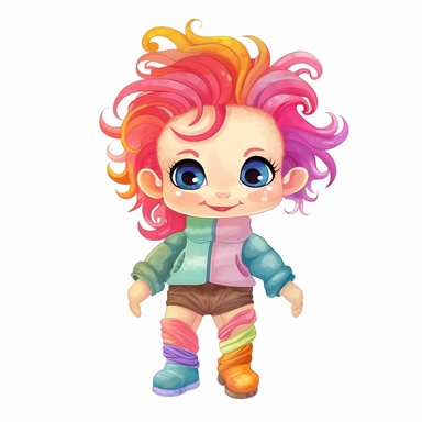 Cute Beautiful Retro 90s Color doll Watercolor Sublimation Clipart,Cartoon, hyper realistic, intricate detail, illustration style,high solution,on the white background