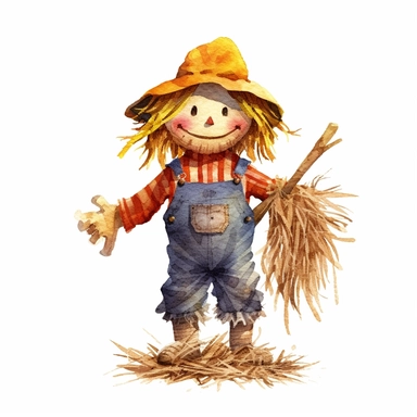 Halloween scarecrow, full color, knitted painting texture, Perfect for nursery art and children's book illustration style, simple, cute, full color, clipart, watercolor illustration, single object, high definition 8k,white background for removing background - - no text shadow font watermark