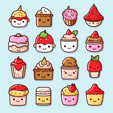vector line art, Kawaii desserts clipart set - kawaii food - cute food - cakes - cupcake - donut - ice cream - pancake - croissant - cookie - nutella - Nursery clipart, black and white line art