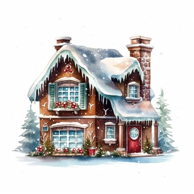 watercolor style, gingerbread christmas house clipart, isolated on white background, 4K