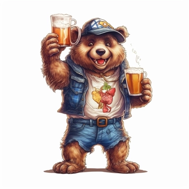 Cute Beautiful Daddy Bear Drink beer full body Sublimation Clipart,Cartoon,hyper realistic, intricate detail, illustration style,high solution,on the white background