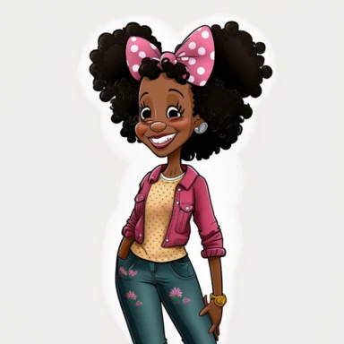 2d, beuatiful vibrant full body smiling african american adult mickey mouse woman clipart, dark brown face, pink ears, pink boots, cartoon realistic