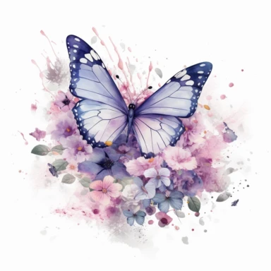 clipart, light purple butterfly on top of flowers around it, solid white background, in the style of ethereal illustrations, mende art, kimoicore, romantic emotivity, nouveau réalisme, rich and immersive, soft color, wedding theme, watercolor