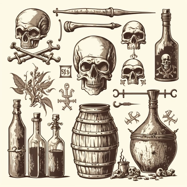 vintage bones, skulls, barrels, guns, swords, gin bottles, beer mugs, clip art, line art white background