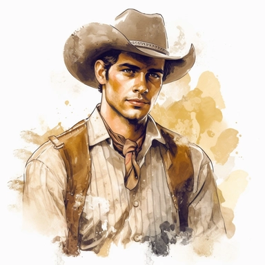 beautiful stunning handsome vintage cowboy young man, tarot style, paint art style, clipart, white background, superrealistic, one of a kind