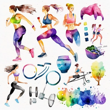 watercolor exercise cliparts, gym cliparts, exercising women clipart, healthy lifestyle clipart, white background
