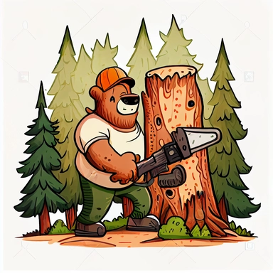 funny big sish going to forest working cut trees with a chainsaw, big bear, CLIPART, watercolor, ink, ultra-detailed, cartoon style, white background, black outside lines –testp,