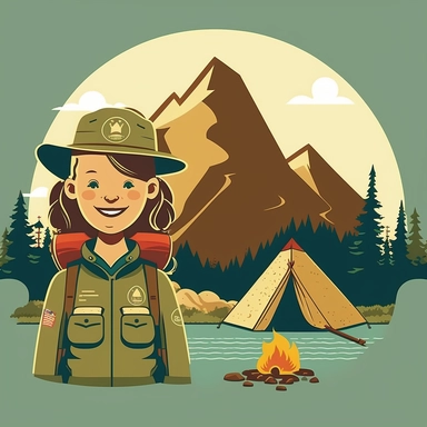 smiling girl scout with fire place tent river in the background mountains minimalistic clipart no text