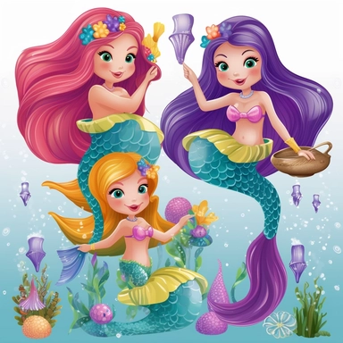 enchanting Cartoon Magical Mermaid Clipart! Dive into a world of whimsy and wonder with these detailed and adorable mermaid illustrations. Each mermaid is meticulously designed with charming features, vibrant colors, and intricate details that will captivate both children and adults alike. With a white background, these clipart images are versatile these cute and lovable mermaids are sure to make a splash! Let your imagination swim free with our delightful mermaid clipart