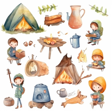 Watercolor boho camping illustrations clipart set, simple, soft colors, cartoon elements, different variants, cute little boy and girl sitting on trunk and toasting marshmellows , pots,mugs, bonfire with thick logs, teapot , separate elements with a margi