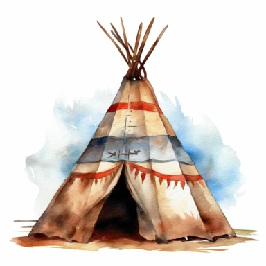 american indian tipi, watercolor, clipart, white background, hyperrealistic | COLOR THEME: brown, red, white, blue, black