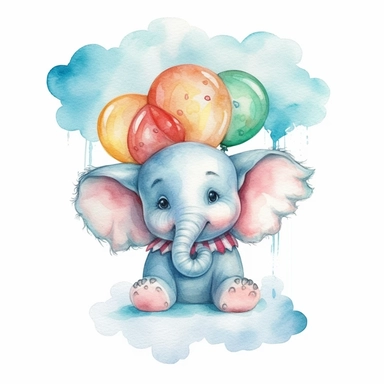 cute colorful elephant with cloud clipart, for childish cards, detail, illustration style, high solution, Watercolor, on the white background, hd
