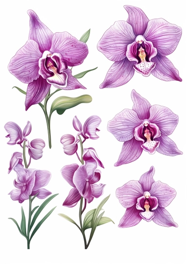 In the midst of your design journey, it's time to create eye-catching orchid clipart that will add a touch of sophistication to the corners of invitations. Your task is to develop a versatile orchid clipart design, isolated on a clear white background. Consider the lines, shapes, and intricate details that make orchids unique. Embrace your artistic style, whether it's whimsical, realistic, or minimalist, and create a set of clipart elements that capture the essence of these enchanting flowers. L